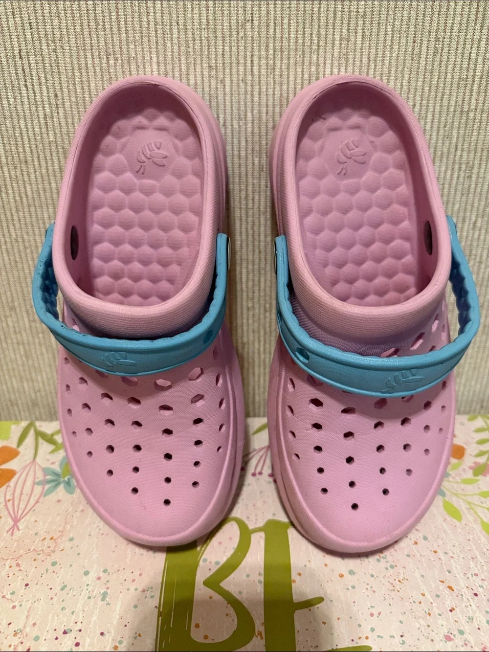 Girls JoyBees Pink Foam Clog Sandals with Blue Heel Strap